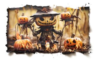 Halloween Scary Scarecrow and Pumpkins
