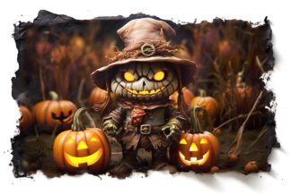 Halloween Spooky Scarecrow and Pumpkins
